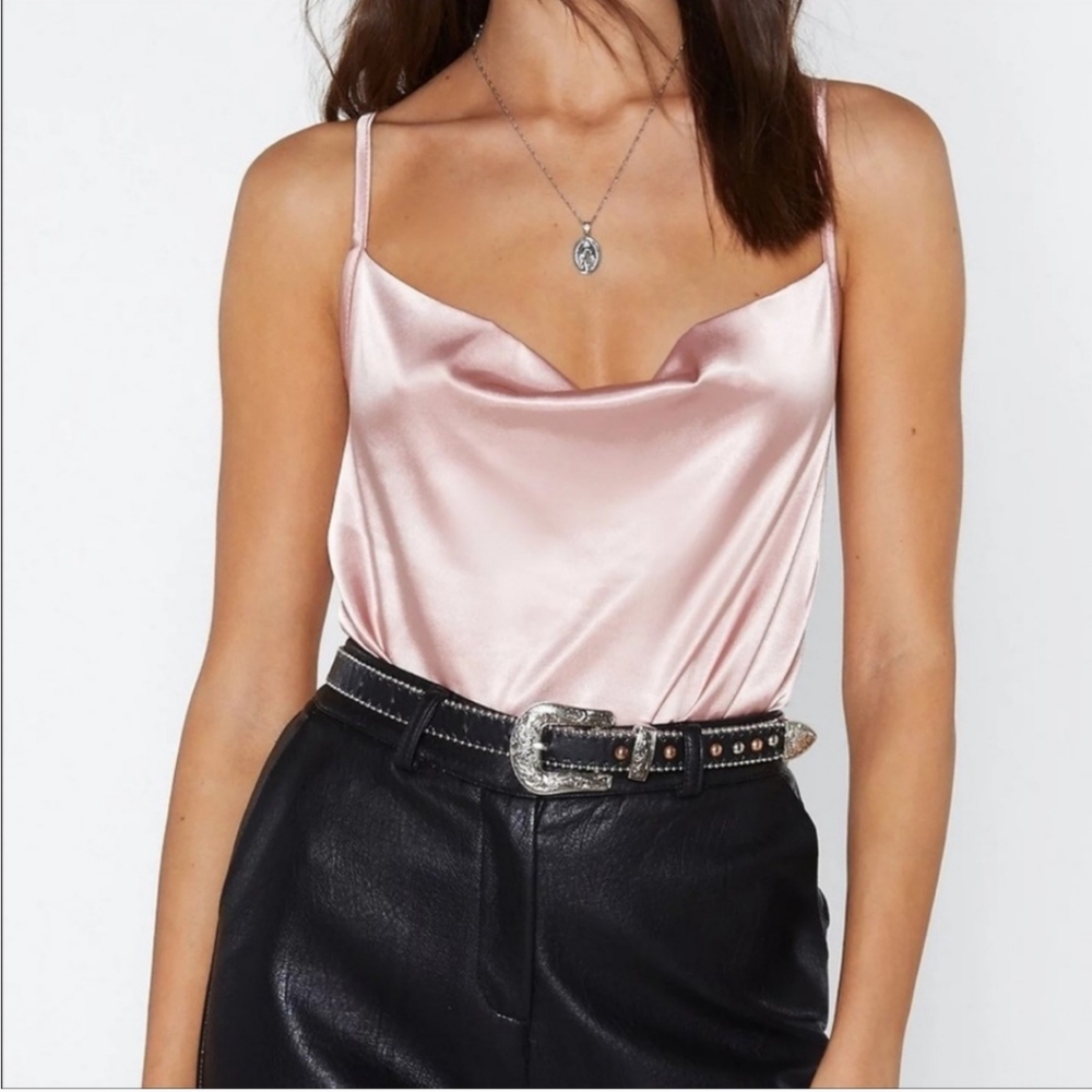 Nasty Gal Blush Satin Cowl Neck Cami Bodysuit